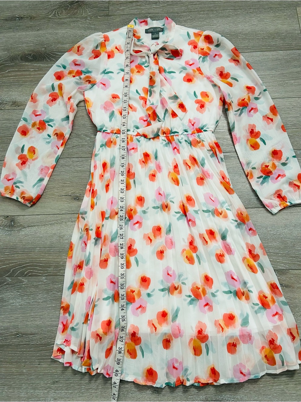 Lark + Grey Tie-Neck Floral Midi Dress in White with Pink & Orange Print - Picture 9 of 9